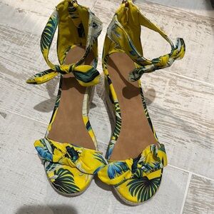 Yellow and Green Tropical Print Sandals with Ankle Ties